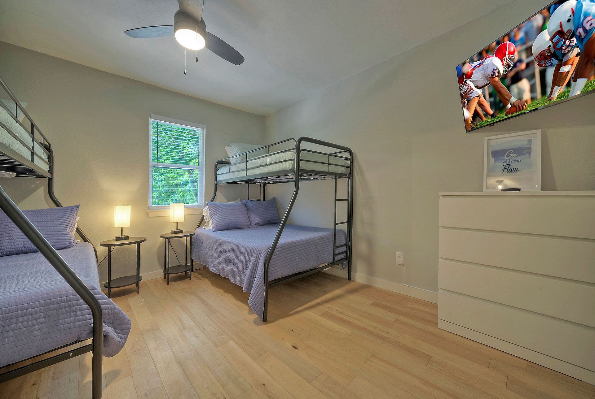 Bunk room with twin-over-full bunk beds, ideal for kids, at River Bend Bliss